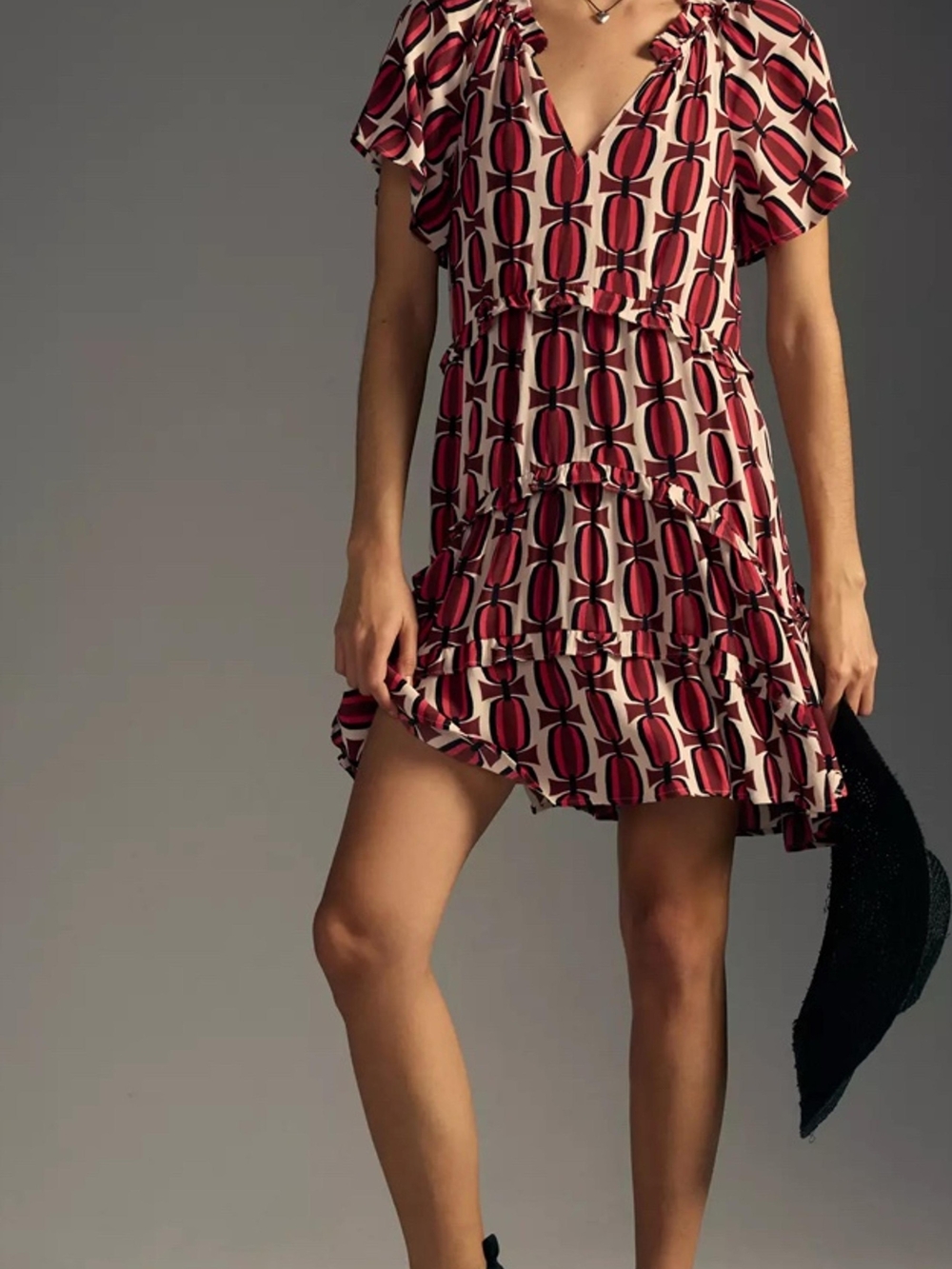 Anthropologie Red & Cream Geometric Ruffle Mini Dress